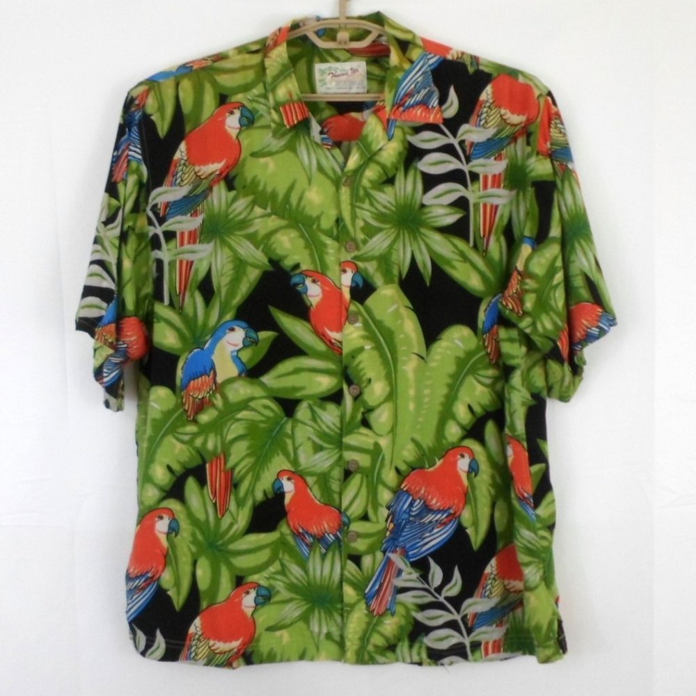 Vintage Thums Up Mens XL Hawaiian Parrot Aloha Shirt Short Sleeve Button Up